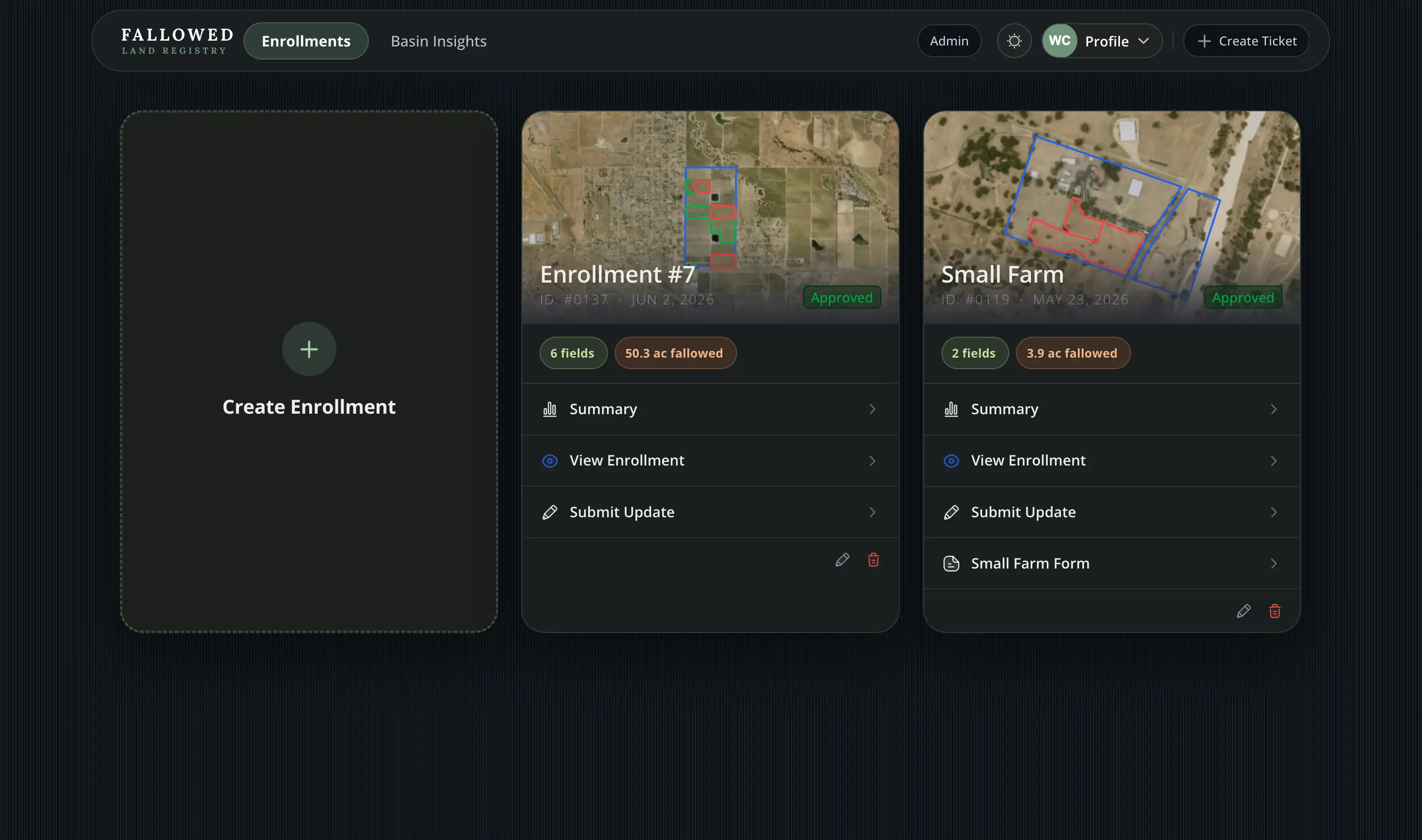 Updated enrollment view with satellite map previews