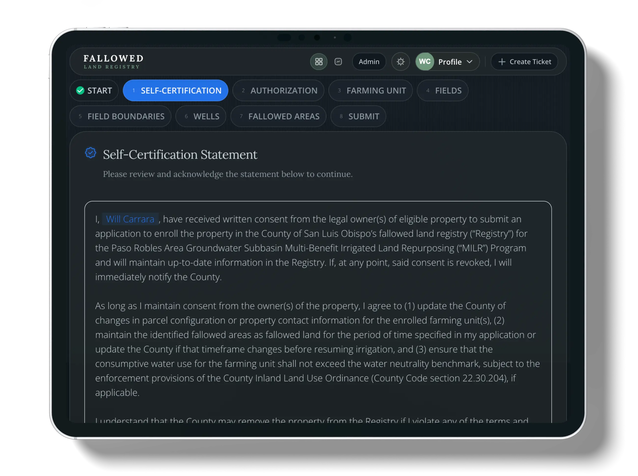 Step 1: Self-Certification screenshot