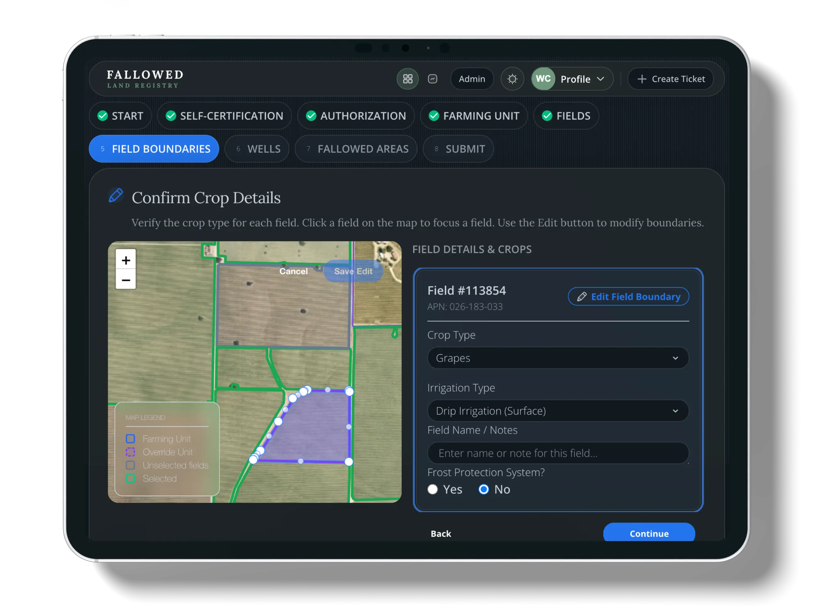 Step 4: Field Selection and Boundaries screenshot